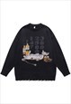CAT SWEATER RIPPED JUMPER PSYCHEDELIC KNITTED TOP IN GREY