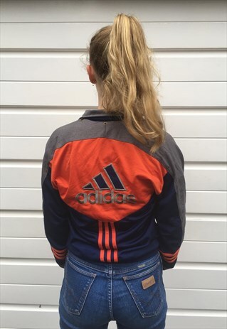 WOMENS VINTAGE 90S 80S ADIDAS JACKET ORANGE BLUE ZIPPER TOP