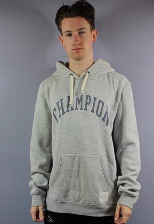 VINTAGE CHAMPION HOODIE IN GREY WITH PRINTED LOGO AND POUCH