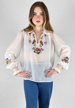 Revival 70's Vintage Ladies White Folk Embroidery Blouse