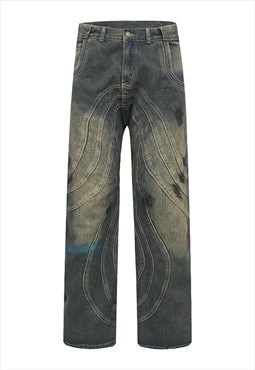 Paint splatter jeans distressed extreme stitch denim pants