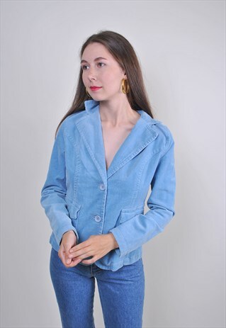 80S BRIGHT BLUE CORDUROY BLAZER, SIZE S