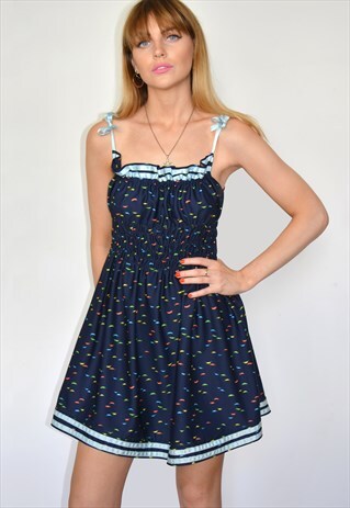 VINTAGE 90S NAVY BLUE TIE STRAP SUMMER MINI DRESS