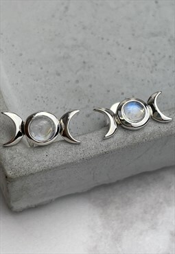 Moonstone Studs Sterling Silver Triple Moon Symbol Earrings