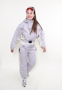 Vintage one piece ski suit 90s women light pink ski jumpsuit