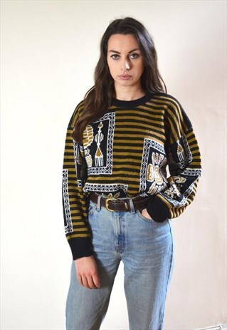 80S VINTAGE BLACK AND YELLOW AZTEC PATTERN KNIT JUMPER