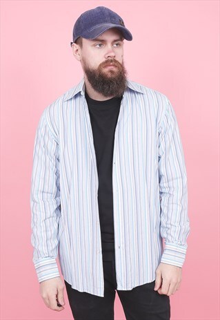 VINTAGE HUGO BOSS BLUE STRIPED SHIRT /R8063