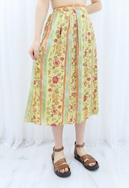 90s Vintage Multicoloured Pastel Floral Midi Skirt