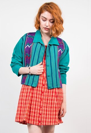 VINTAGE 90'S GREEN AZTEC CROPPED JACKET