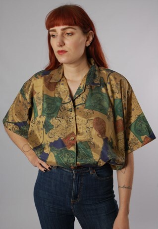VINTAGE 80S GOLDEN PRINTED THAI SILK SHIRT