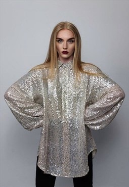 Sequin shirt glitter blouse shiny jumper metallic silver