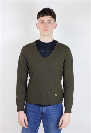 VINTAGE 90S BURBERRY KHAKI GREEN LIGHT V-NECK JUMPER