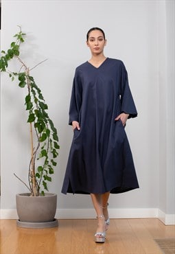 Dark Blue Linen Dress / Linen Caftan Dress