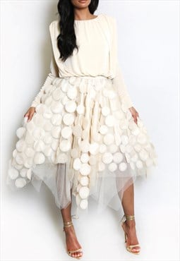 Circular Applique Tulle Midi Skirt In Beige 