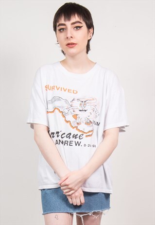 VINTAGE 90'S WHITE HURRICANE ANDREW T-SHIRT USA
