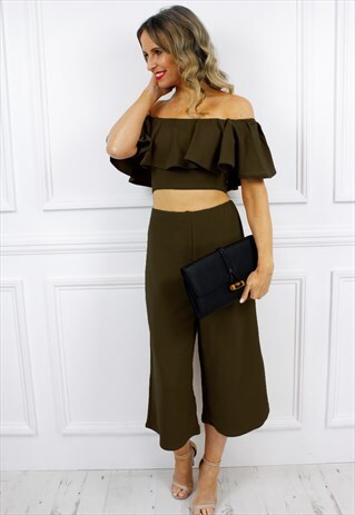 KHAKI BARDOT FRILL RUFFLE CROP TOP CULOTTES PALAZZO SET