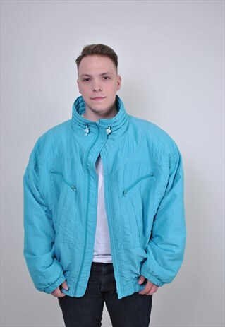 80S OVERSIZE SKI JACKET, VINTAGE BLUE WINTER BOMBER JACKET