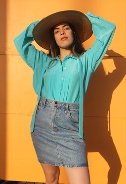 Turquoise Long Sleeved Shirt with Pleated Front and Neck Tie