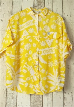 Vintage 90s Yellow Hawaiian Floral Print Shirt Blouse Top