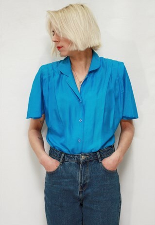 VINTAGE 80' AMAZING ELEGANT ELECTRIC BLUE SILK SHIRT