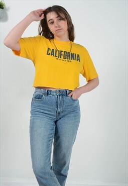 Vintage 90s Graphic Cropped T-Shirt Yellow Size S