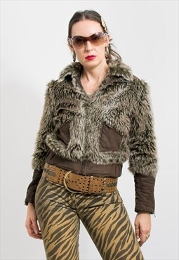 Y2K faux fur bomber jacket vintage women size M