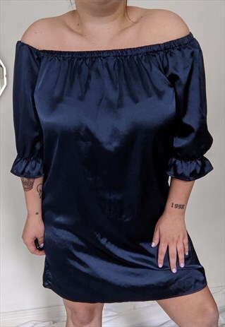 NAVY BLUE OFF THE SHOULDER DRESS RUFFLE DETAIL PLUS SIZE