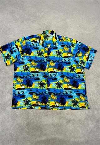 VINTAGE HAWAIIAN SHIRT PALM TREE AND SURFING PATTERNED SHIRT