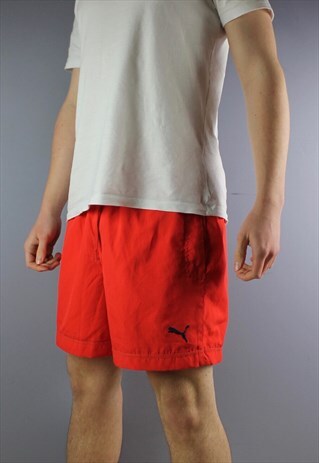 VINTAGE PUMA SHORTS IN RED WITH POCKETS, EMBROIDERED LOGO AN