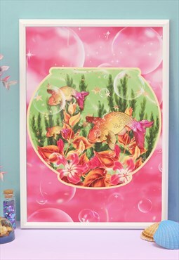 Fish Bowl Green Pink Bubbles A4 Print