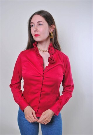VINTAGE RED ITALIAN SEXY RUFFLED BLOUSE WITH ROSES 
