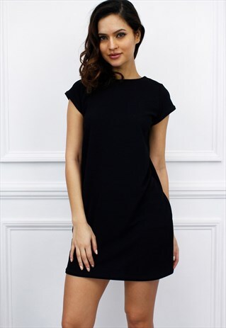 GLAMZAM LADIES BLACK SHORT SLEEVE SHIFT MINI DRESS