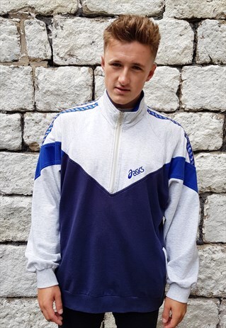 VINTAGE ASICS 1/4 ZIP SWEATSHIRT GREY BLUE