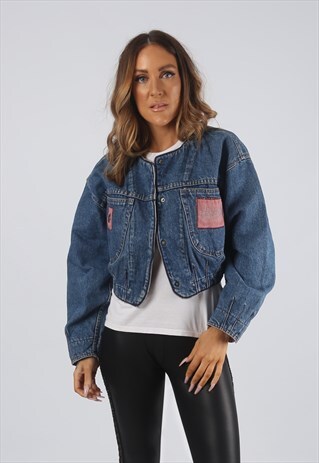VINTAGE CROPPED DENIM JACKET OVERSIZED SHORT UK 12 (JRBL)