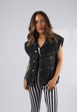 VINTAGE DENIM WAISTCOAT JACKET OVERSIZED FITTED UK 16 (HD1H)