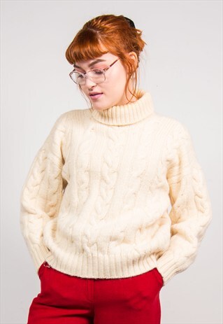 90'S VINTAGE CREAM CABLE KNIT ROLL NECK ARAN JUMPER