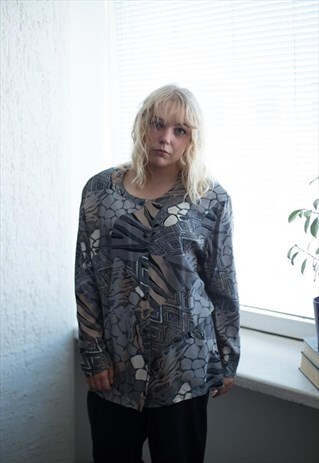 VINTAGE 70'S GREY PATTERNED LONG FIT BLOUSE