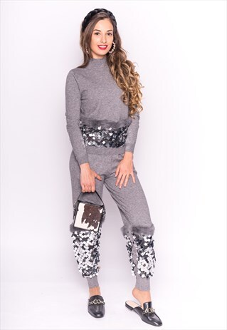 GREY KNIT TOP & TROUSERS CO-ORD WITH FAUX FUR & SEQUINS