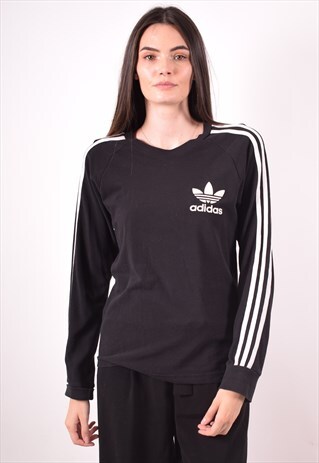 ADIDAS WOMENS VINTAGE TOP LONG SLEEVE SMALL BLACK 90S