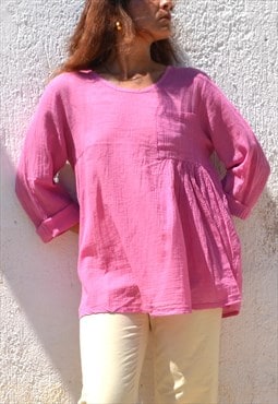 Pink organic cotton long sleeved oversized tunic,blouse.