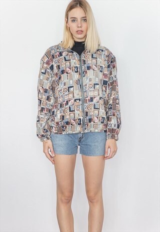 VINTAGE 80S PALE BROWN BLUE BOMBER JACKET