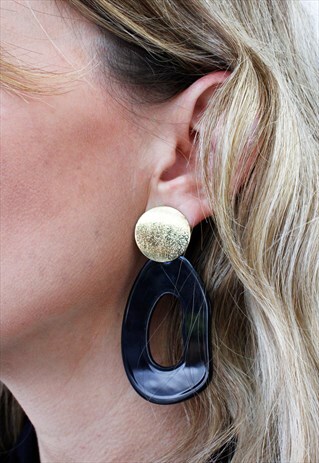 BLACK GOLD LARGE GEOMETRIC OVAL ACRYLIC DROP DANGLE EARRINGS