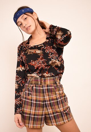 VINTAGE 70'S RETRO MOD BOHO PRINT FLORAL BLOUSE TOP