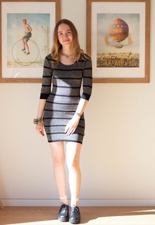 Black and gold color striped knitted dress