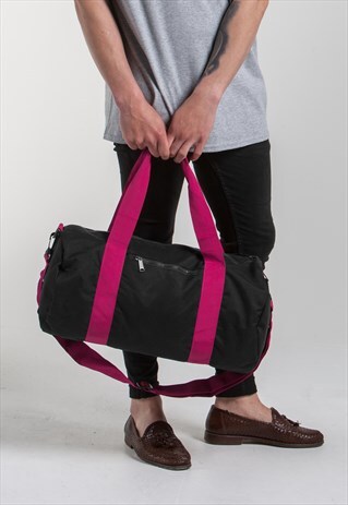 SHOULDER BARREL HOLDALL BACKPACK BAG - BLACK/FUSCHIA PINK