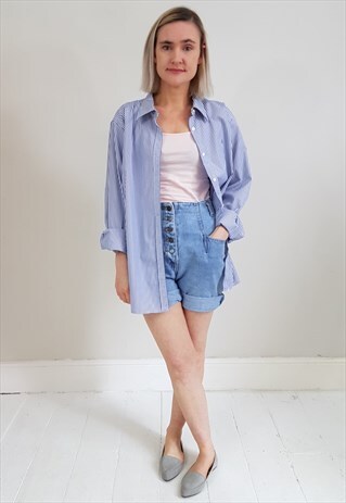 VINTAGE 90'S BLUE AND WHITE STRIPED LONG SLEEVE SHIRT