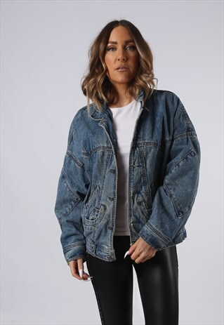 VINTAGE DENIM BOMBER JACKET LINED UK 12 MEDIUM (JAED)