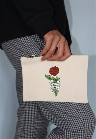 HAND PAINTED CUSTOM CLUTCH BAG SKELETON HAND ROSE