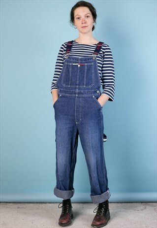 VINTAGE TOMMY HILFIGER DENIM DUNGAREES BLUE BRANDED STRAPS