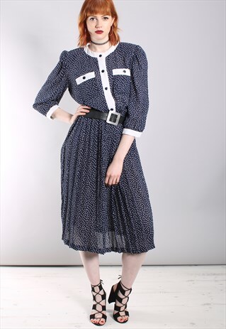 VINTAGE 80S POLKA DOT CHIFFON PUFF SLEEVE BUTTON MIDI DRESS